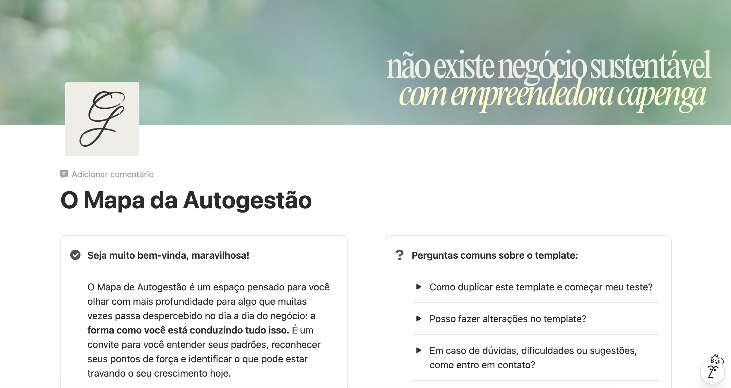 Mapa de Autogestão — visão geral do template